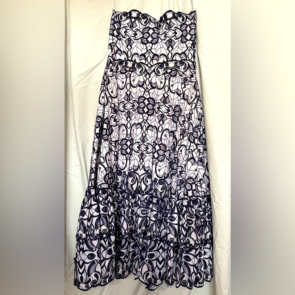 Jonathan Simkhai Blue White Embroidery Eyelet Strapless Dress with Pockets Sz 8